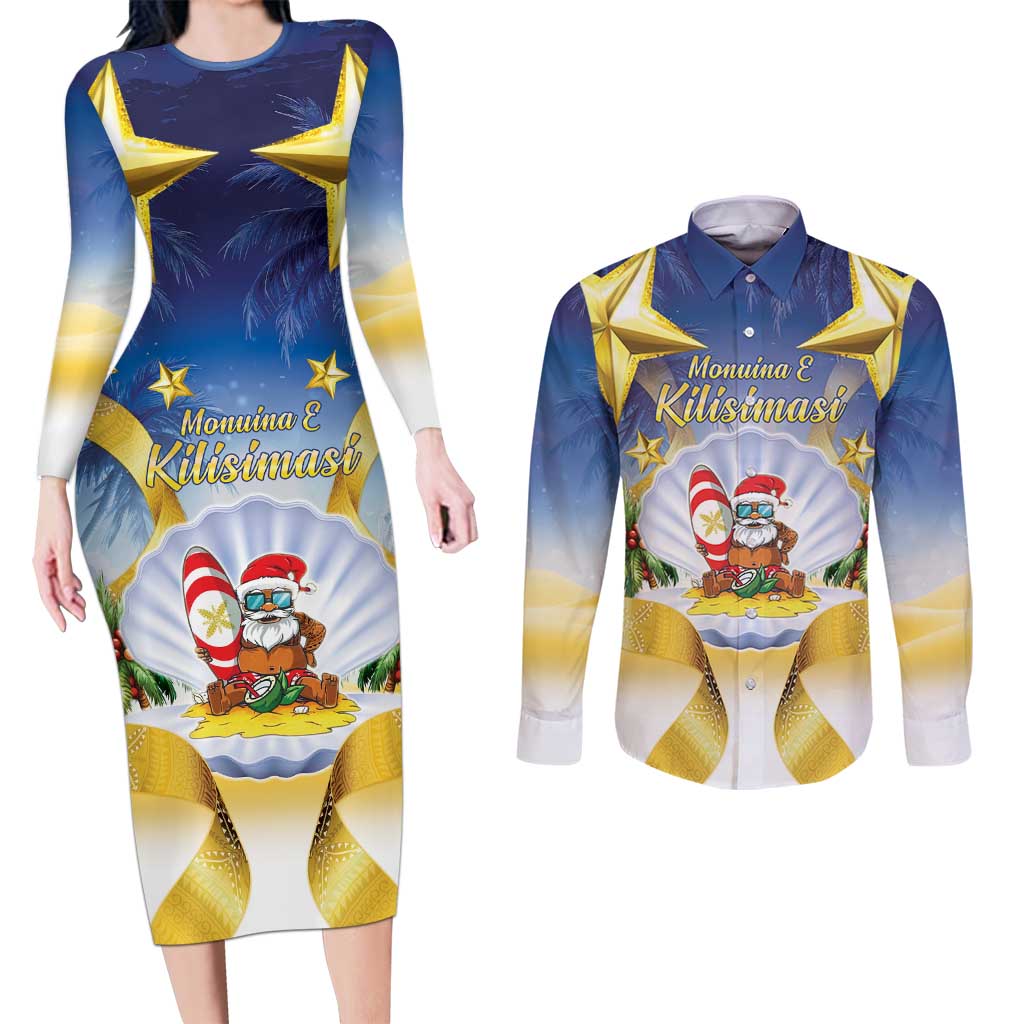 Niue Christmas Couples Matching Long Sleeve Bodycon Dress and Long Sleeve Button Shirt Seashell Santa Beach Vibes LT05 Navy - Polynesian Pride