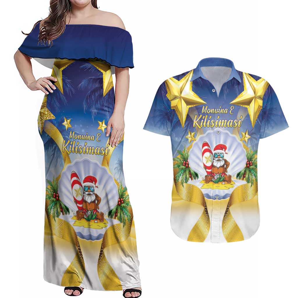 Niue Christmas Couples Matching Off Shoulder Maxi Dress and Hawaiian Shirt Seashell Santa Beach Vibes LT05 Navy - Polynesian Pride