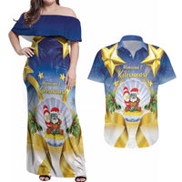 Niue Christmas Couples Matching Off Shoulder Maxi Dress and Hawaiian Shirt Seashell Santa Beach Vibes LT05 Navy - Polynesian Pride
