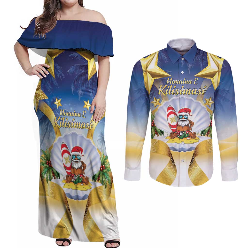 Niue Christmas Couples Matching Off Shoulder Maxi Dress and Long Sleeve Button Shirt Seashell Santa Beach Vibes - Polynesian Pride