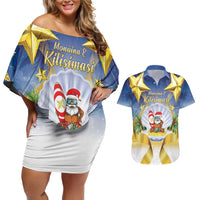 Niue Christmas Couples Matching Off Shoulder Short Dress and Hawaiian Shirt Seashell Santa Beach Vibes LT05 Navy - Polynesian Pride