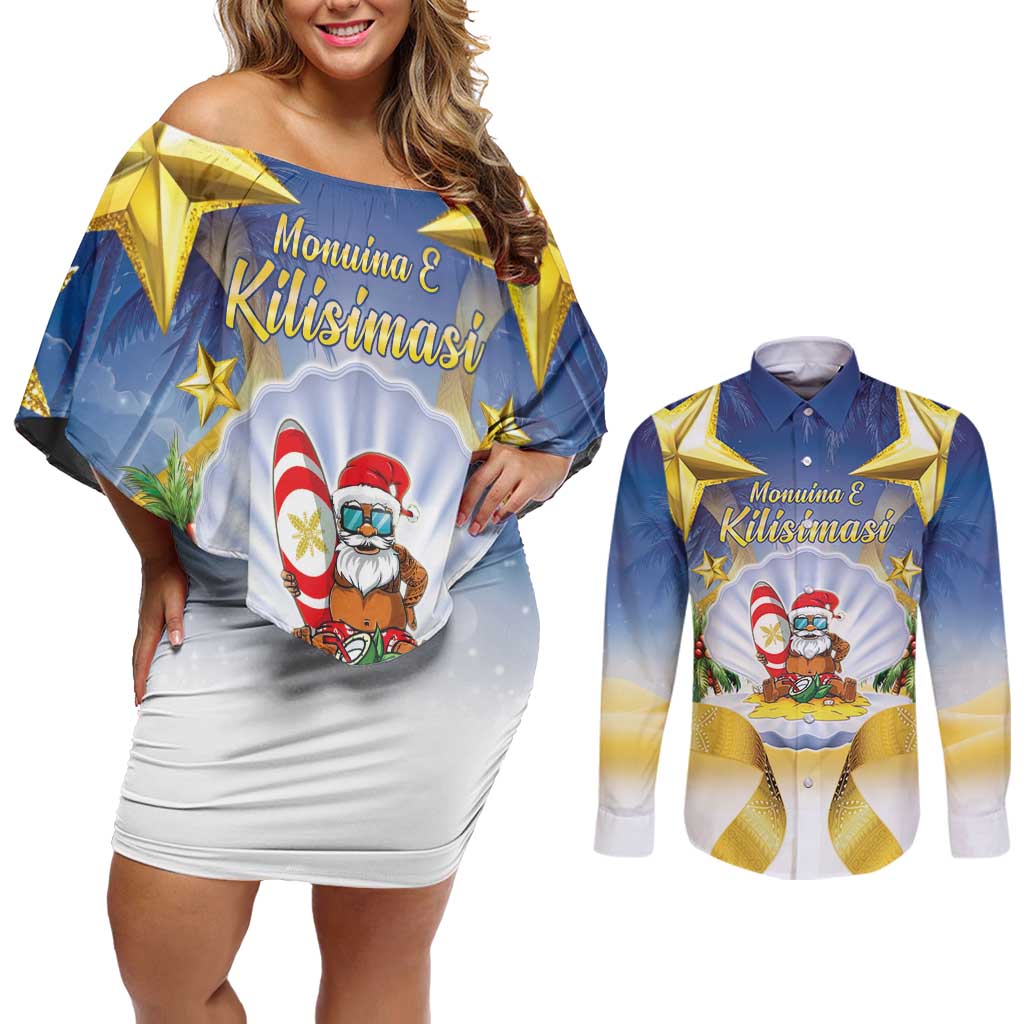 Niue Christmas Couples Matching Off Shoulder Short Dress and Long Sleeve Button Shirt Seashell Santa Beach Vibes - Polynesian Pride