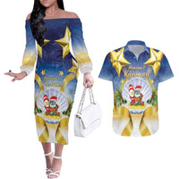 Niue Christmas Couples Matching Off The Shoulder Long Sleeve Dress and Hawaiian Shirt Seashell Santa Beach Vibes LT05 Navy - Polynesian Pride