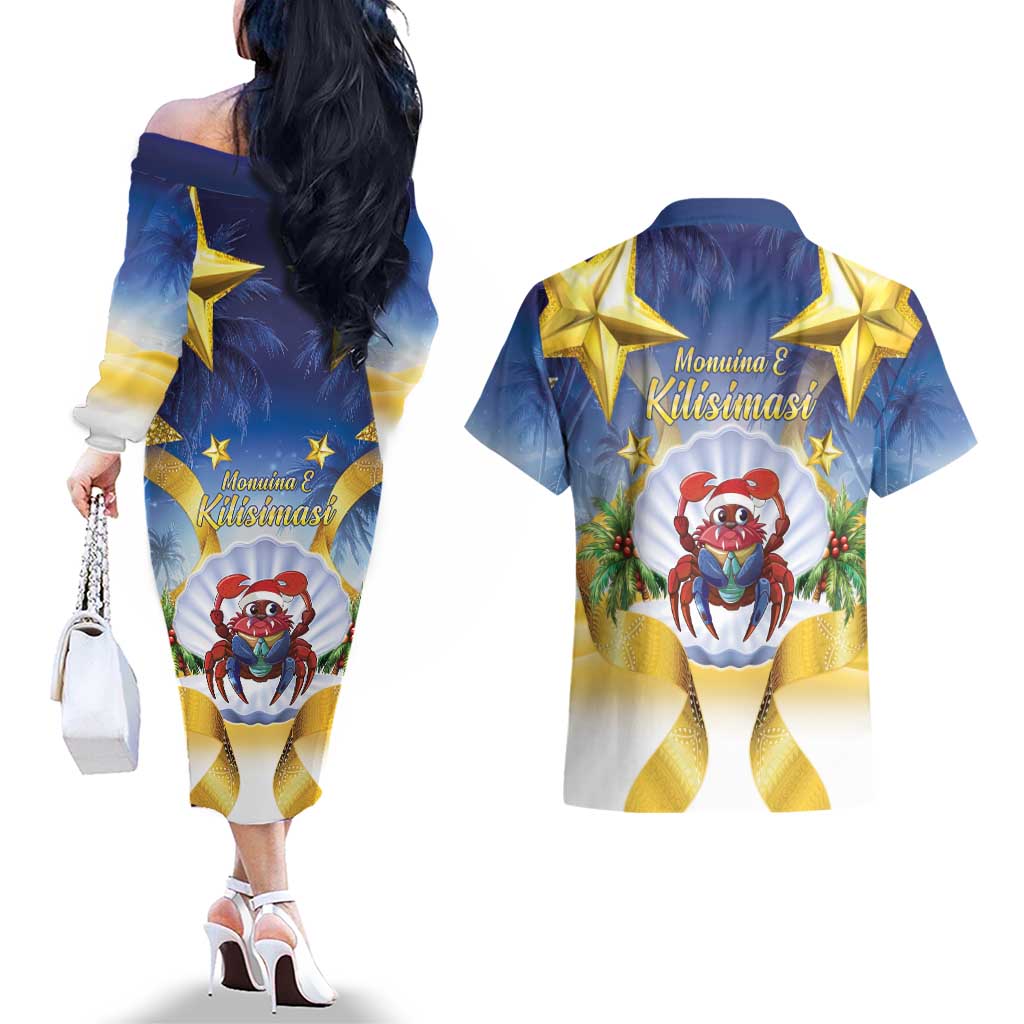 Niue Christmas Couples Matching Off The Shoulder Long Sleeve Dress and Hawaiian Shirt Seashell Santa Beach Vibes LT05 - Polynesian Pride