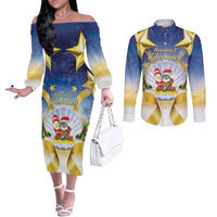 Niue Christmas Couples Matching Off The Shoulder Long Sleeve Dress and Long Sleeve Button Shirt Seashell Santa Beach Vibes LT05 Navy - Polynesian Pride