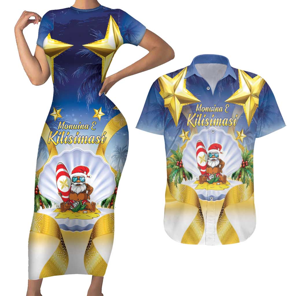 Niue Christmas Couples Matching Short Sleeve Bodycon Dress and Hawaiian Shirt Seashell Santa Beach Vibes LT05 Navy - Polynesian Pride