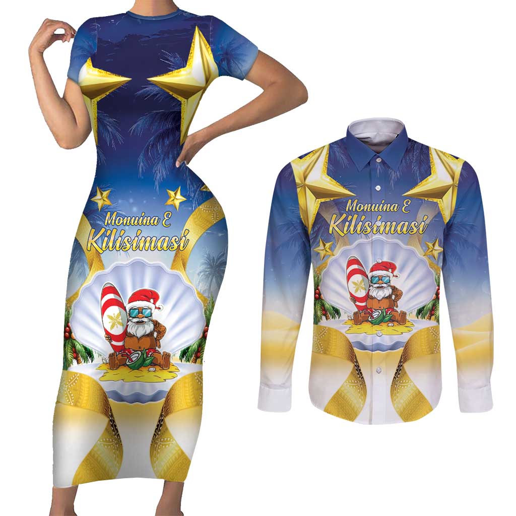 Niue Christmas Couples Matching Short Sleeve Bodycon Dress and Long Sleeve Button Shirt Seashell Santa Beach Vibes LT05 Navy - Polynesian Pride