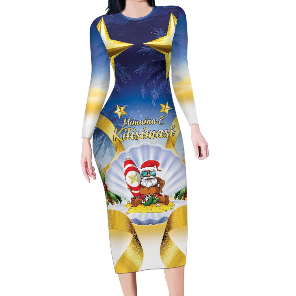 Niue Christmas Family Matching Long Sleeve Bodycon Dress and Hawaiian Shirt Seashell Santa Beach Vibes LT05 Mom's Dress Navy - Polynesian Pride