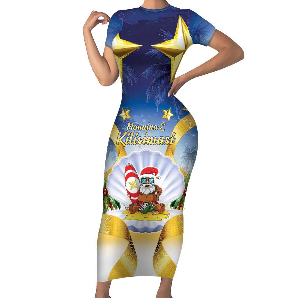 Niue Christmas Family Matching Short Sleeve Bodycon Dress and Hawaiian Shirt Seashell Santa Beach Vibes LT05 Mom's Dress Navy - Polynesian Pride
