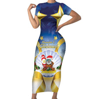 Niue Christmas Family Matching Short Sleeve Bodycon Dress and Hawaiian Shirt Seashell Santa Beach Vibes LT05 Mom's Dress Navy - Polynesian Pride