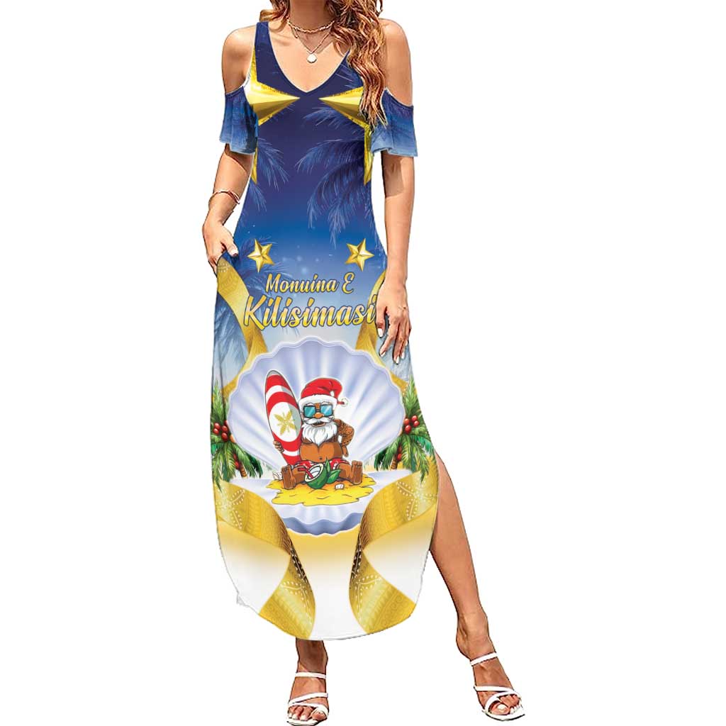 Niue Christmas Family Matching Summer Maxi Dress and Hawaiian Shirt Seashell Santa Beach Vibes LT05 Mom's Dress Navy - Polynesian Pride