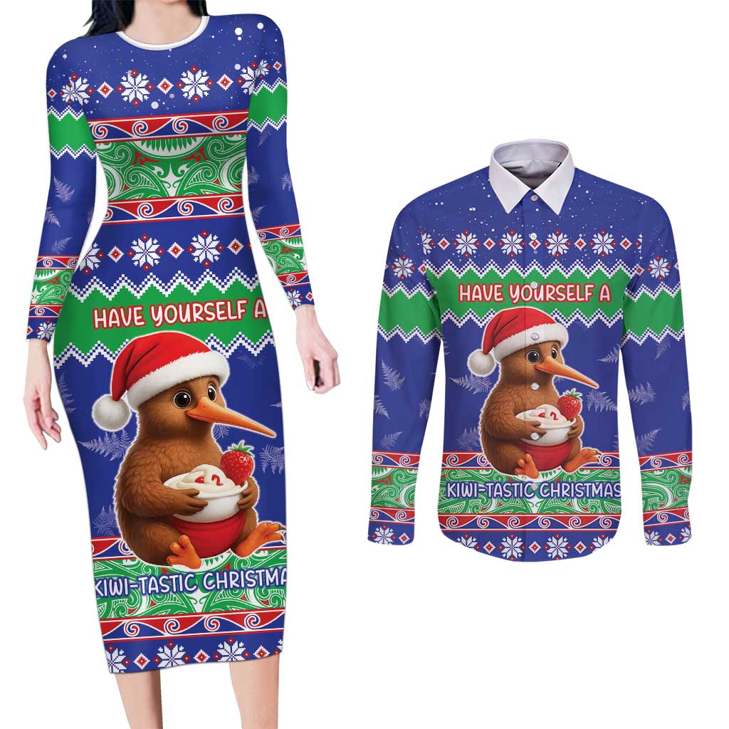 New Zealand Christmas Couples Matching Long Sleeve Bodycon Dress and Long Sleeve Button Shirt Have Yourself A Kiwi-tastic Christmas LT05 Blue - Polynesian Pride