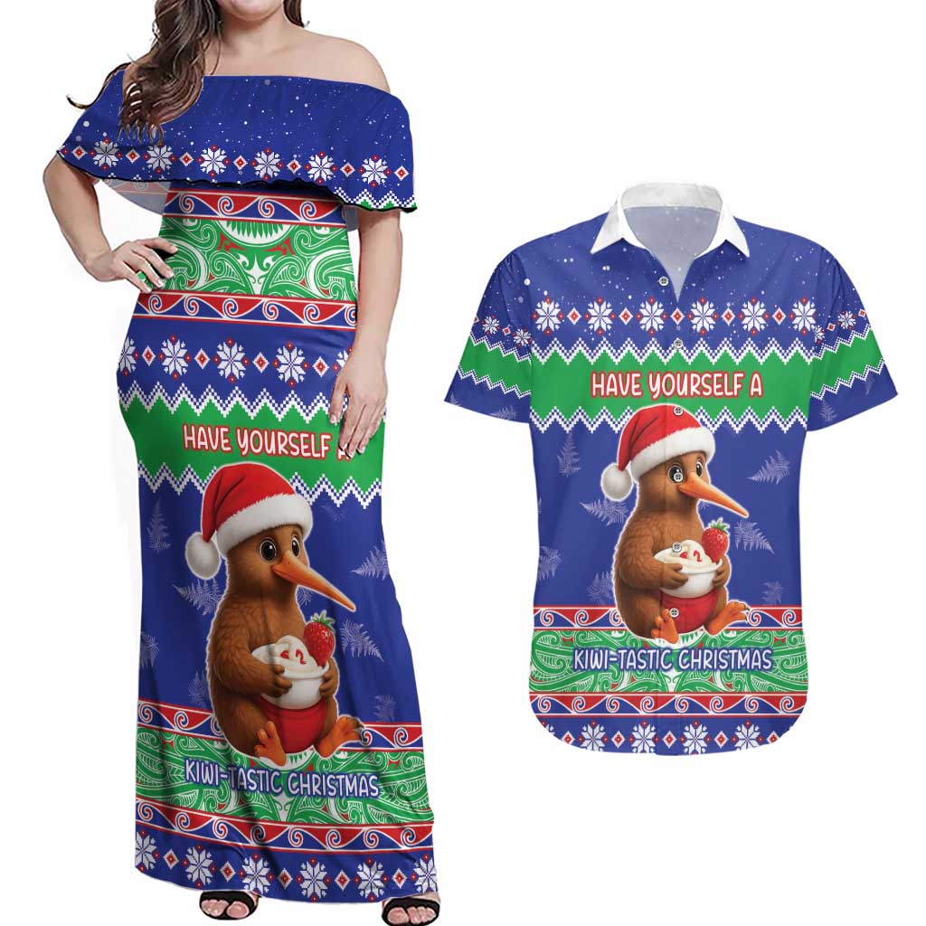 New Zealand Christmas Couples Matching Off Shoulder Maxi Dress and Hawaiian Shirt Have Yourself A Kiwi-tastic Christmas LT05 Blue - Polynesian Pride