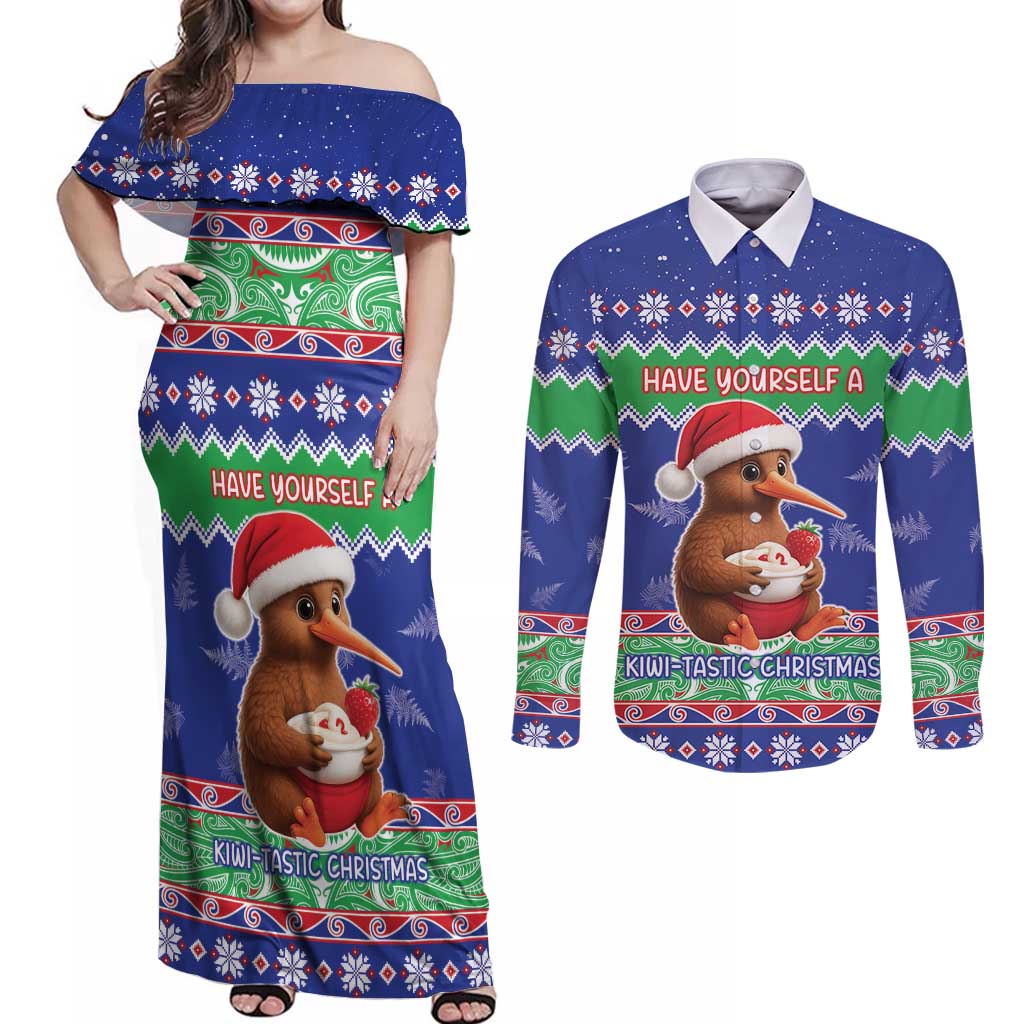 New Zealand Christmas Couples Matching Off Shoulder Maxi Dress and Long Sleeve Button Shirt Have Yourself A Kiwi-tastic Christmas LT05 Blue - Polynesian Pride