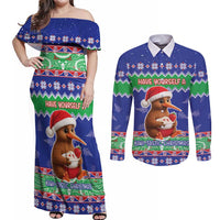 New Zealand Christmas Couples Matching Off Shoulder Maxi Dress and Long Sleeve Button Shirt Have Yourself A Kiwi-tastic Christmas LT05 Blue - Polynesian Pride