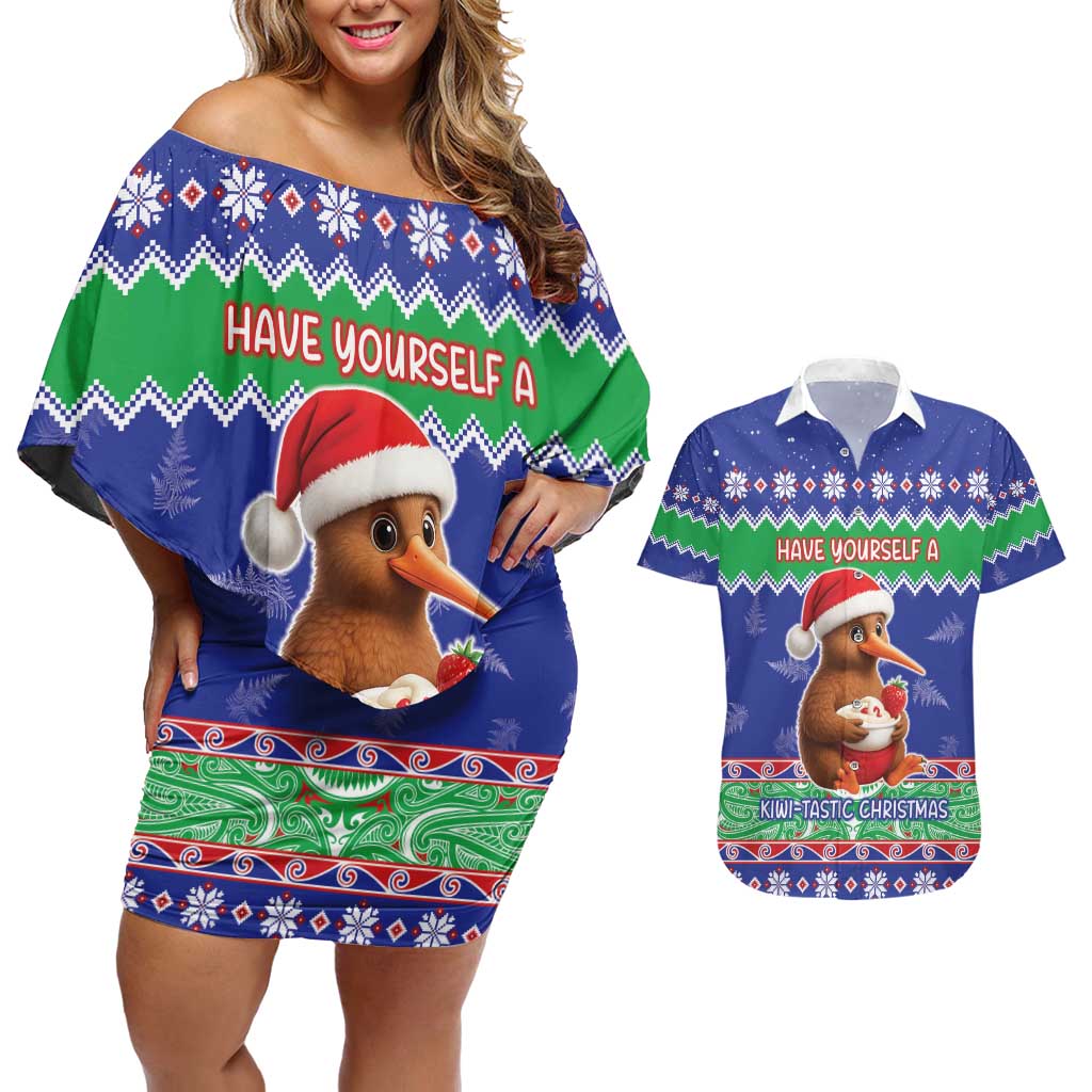 New Zealand Christmas Couples Matching Off Shoulder Short Dress and Hawaiian Shirt Have Yourself A Kiwi-tastic Christmas LT05 Blue - Polynesian Pride