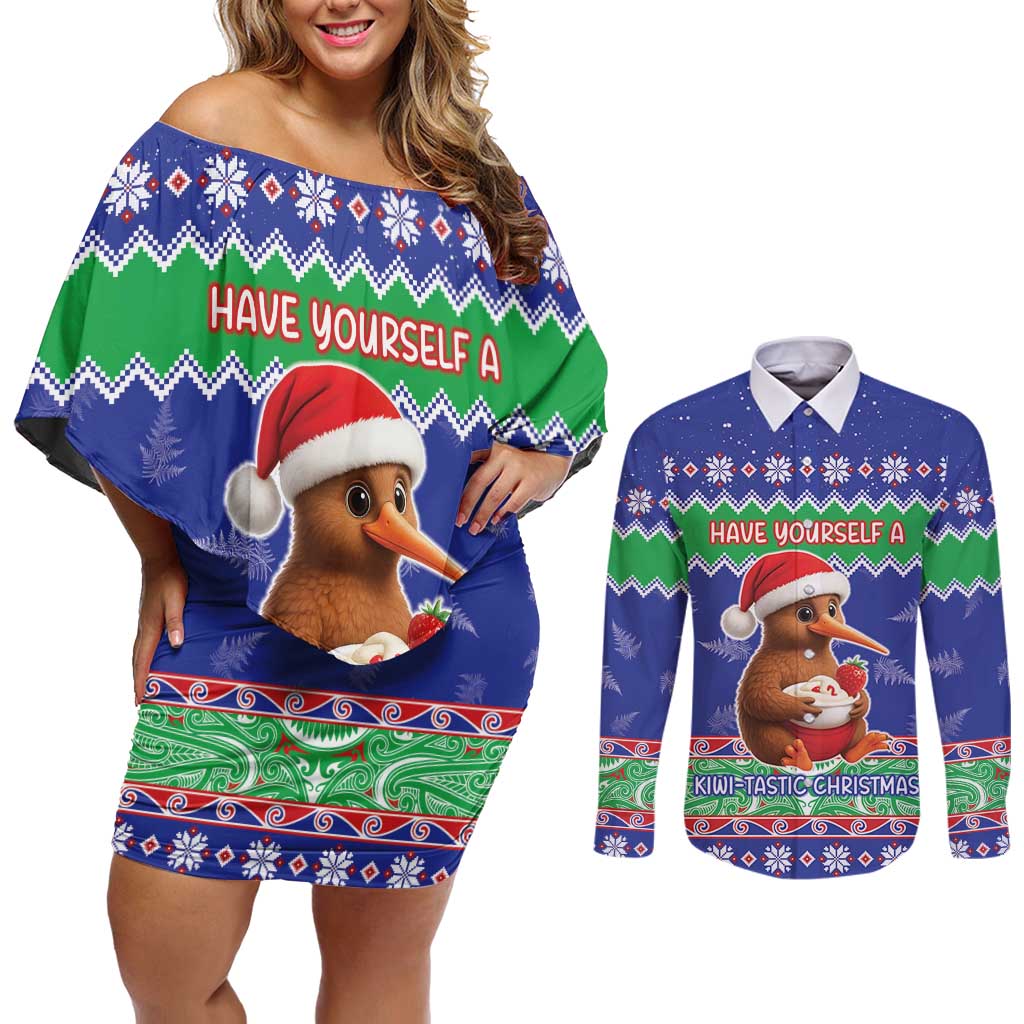 New Zealand Christmas Couples Matching Off Shoulder Short Dress and Long Sleeve Button Shirt Have Yourself A Kiwi-tastic Christmas LT05 Blue - Polynesian Pride