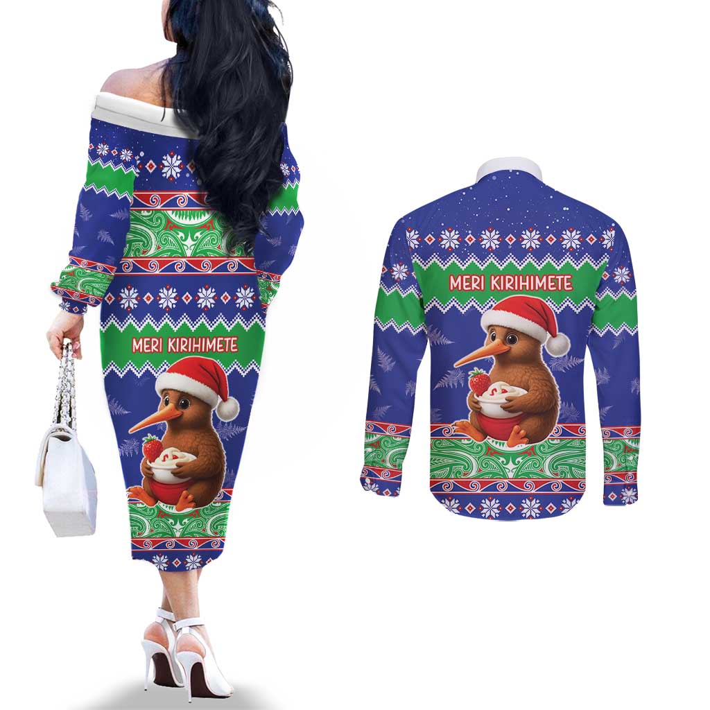 New Zealand Christmas Couples Matching Off The Shoulder Long Sleeve Dress and Long Sleeve Button Shirt Have Yourself A Kiwi-tastic Christmas LT05 - Polynesian Pride