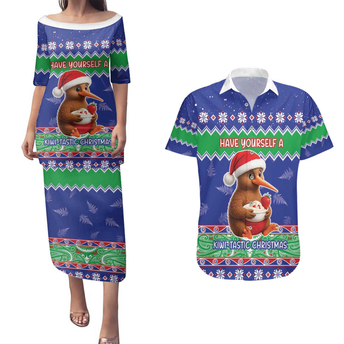 New Zealand Christmas Couples Matching Puletasi and Hawaiian Shirt Have Yourself A Kiwi-tastic Christmas LT05 Blue - Polynesian Pride