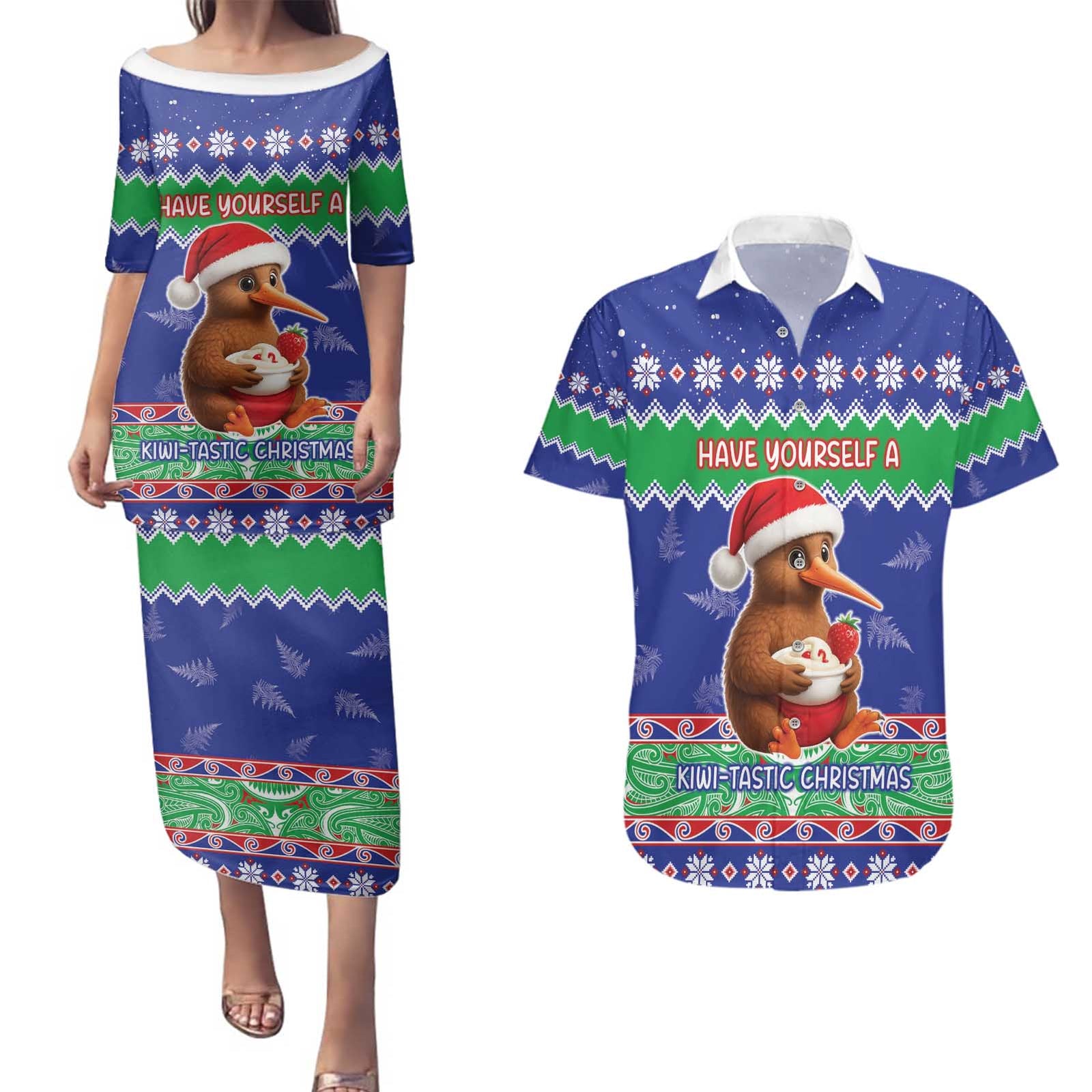 New Zealand Christmas Couples Matching Puletasi and Hawaiian Shirt Have Yourself A Kiwi-tastic Christmas - Polynesian Pride