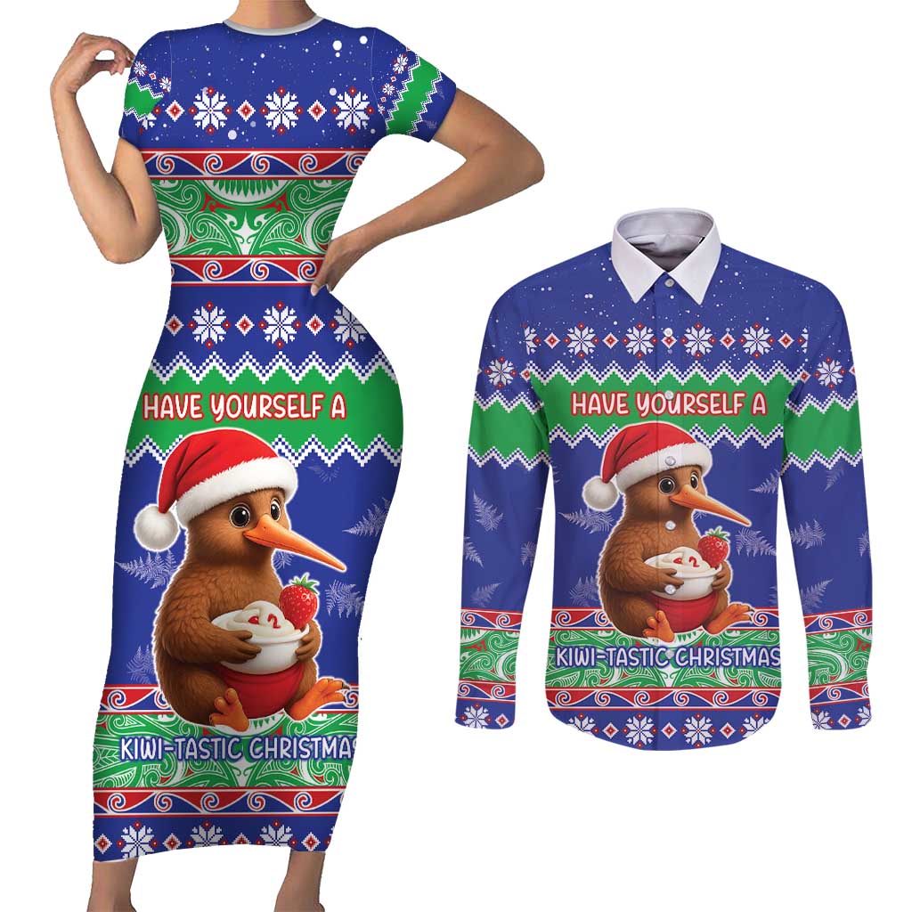 New Zealand Christmas Couples Matching Short Sleeve Bodycon Dress and Long Sleeve Button Shirt Have Yourself A Kiwi-tastic Christmas LT05 Blue - Polynesian Pride