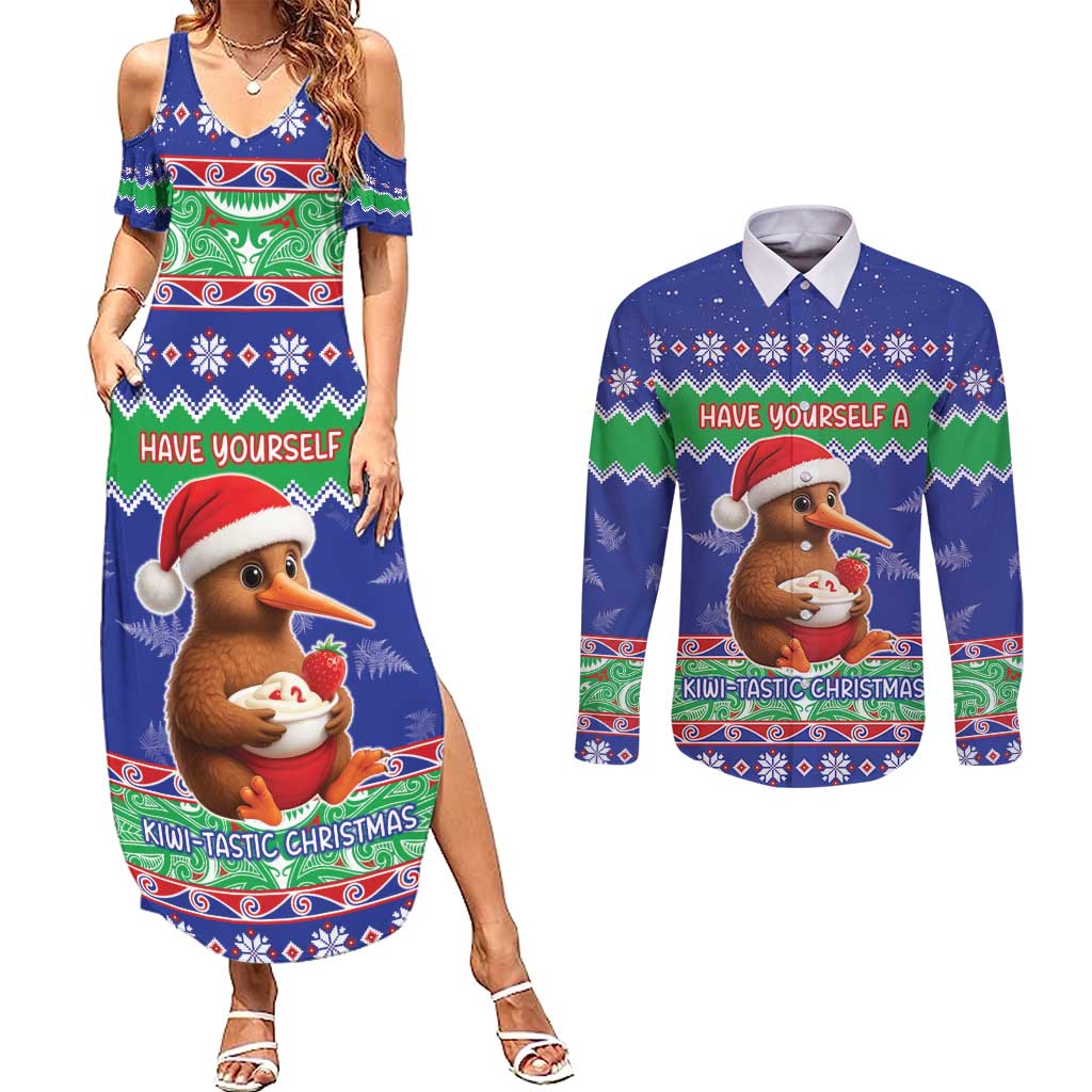 New Zealand Christmas Couples Matching Summer Maxi Dress and Long Sleeve Button Shirt Have Yourself A Kiwi-tastic Christmas LT05 Blue - Polynesian Pride