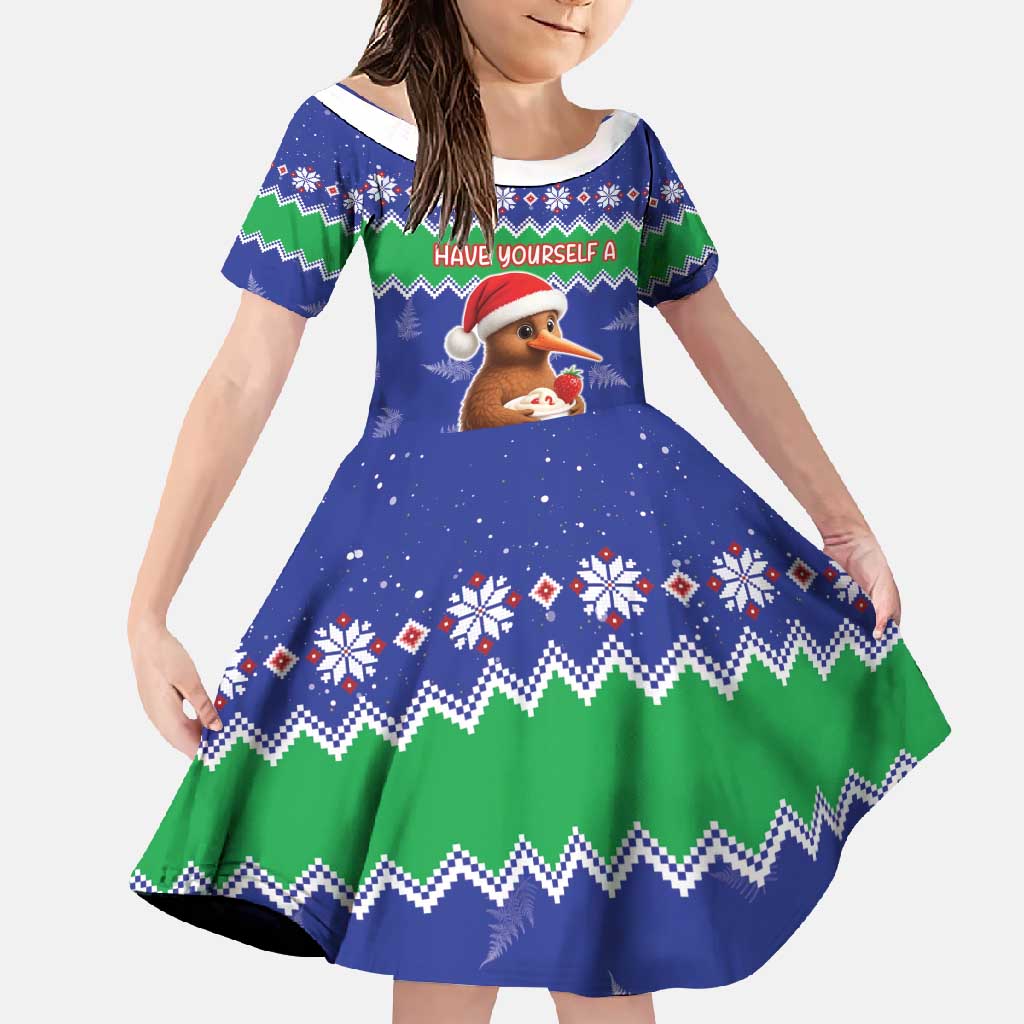 New Zealand Christmas Family Matching Off Shoulder Maxi Dress and Hawaiian Shirt Have Yourself A Kiwi-tastic Christmas LT05 Daughter's Dress Blue - Polynesian Pride