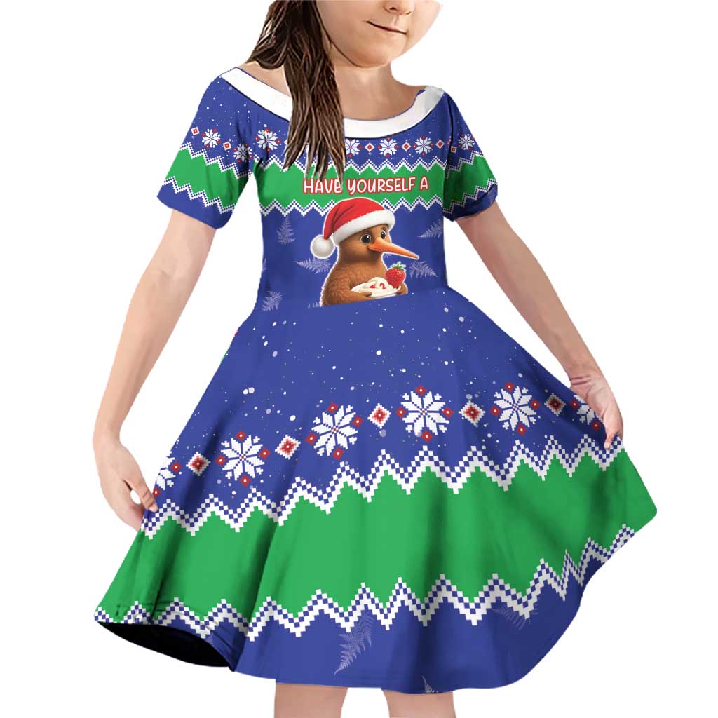 New Zealand Christmas Family Matching Off Shoulder Short Dress and Hawaiian Shirt Have Yourself A Kiwi-tastic Christmas LT05 Daughter's Dress Blue - Polynesian Pride