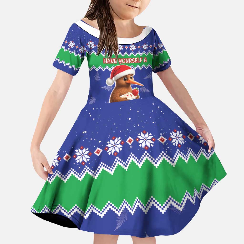 New Zealand Christmas Family Matching Tank Maxi Dress and Hawaiian Shirt Have Yourself A Kiwi-tastic Christmas LT05 Daughter's Dress Blue - Polynesian Pride