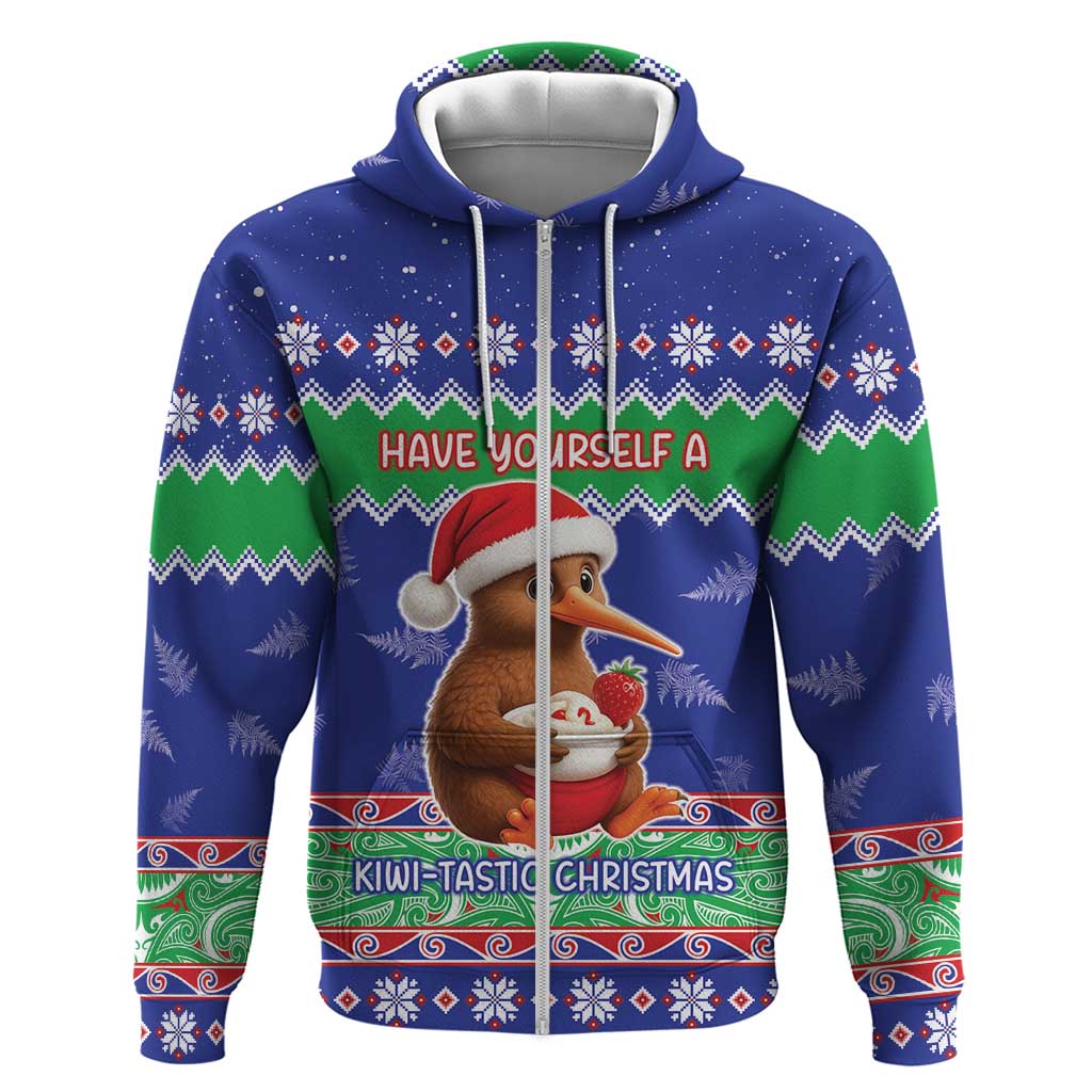 New Zealand Christmas Hoodie Have Yourself A Kiwi-tastic Christmas LT05 Zip Hoodie Blue - Polynesian Pride