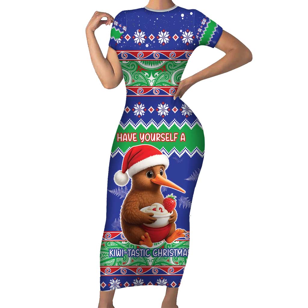 New Zealand Christmas Short Sleeve Bodycon Dress Have Yourself A Kiwi-tastic Christmas LT05 Long Dress Blue - Polynesian Pride