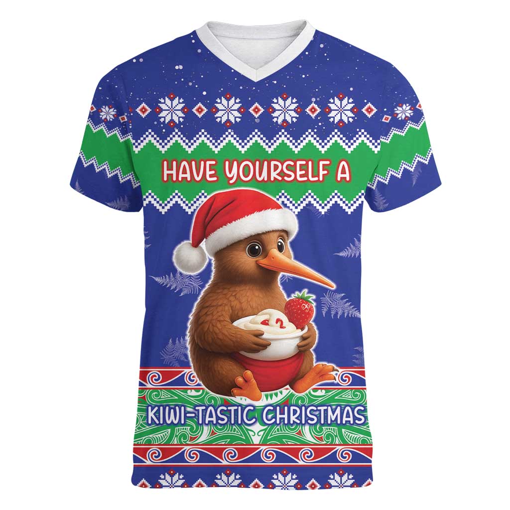 New Zealand Christmas Women V-Neck T-Shirt Have Yourself A Kiwi-tastic Christmas LT05 Female Blue - Polynesian Pride