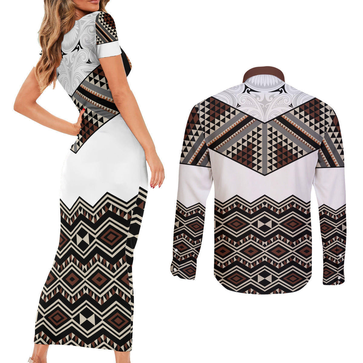 New Zealand Aotearoa Couples Matching Short Sleeve Bodycon Dress and Long Sleeve Button Shirt Taniko Art Simple Style LT05 - Polynesian Pride