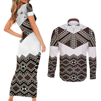 New Zealand Aotearoa Couples Matching Short Sleeve Bodycon Dress and Long Sleeve Button Shirt Taniko Art Simple Style LT05 - Polynesian Pride