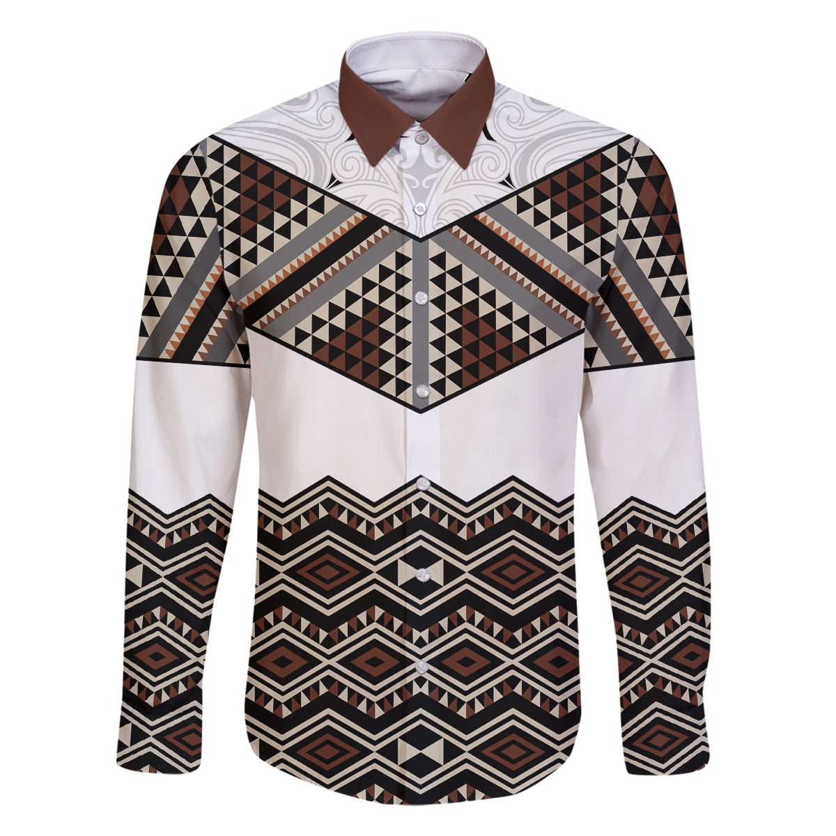New Zealand Aotearoa Family Matching Long Sleeve Bodycon Dress and Hawaiian Shirt Taniko Art Simple Style LT05 Dad's Shirt - Long Sleeve Brown - Polynesian Pride