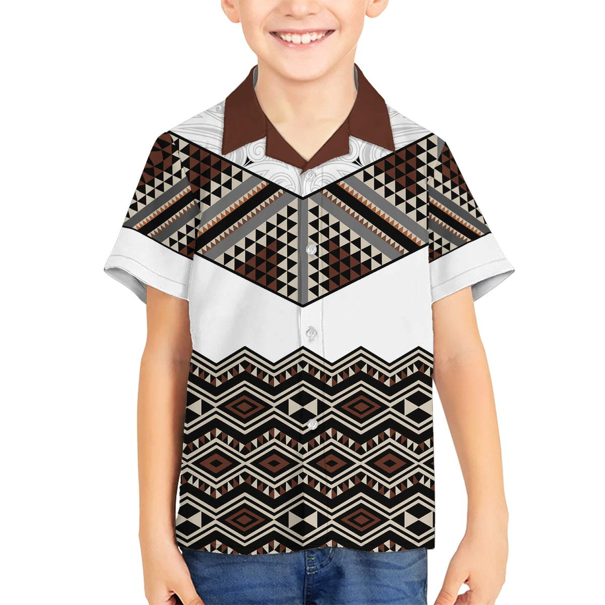 New Zealand Aotearoa Family Matching Short Sleeve Bodycon Dress and Hawaiian Shirt Taniko Art Simple Style LT05 Son's Shirt Brown - Polynesian Pride