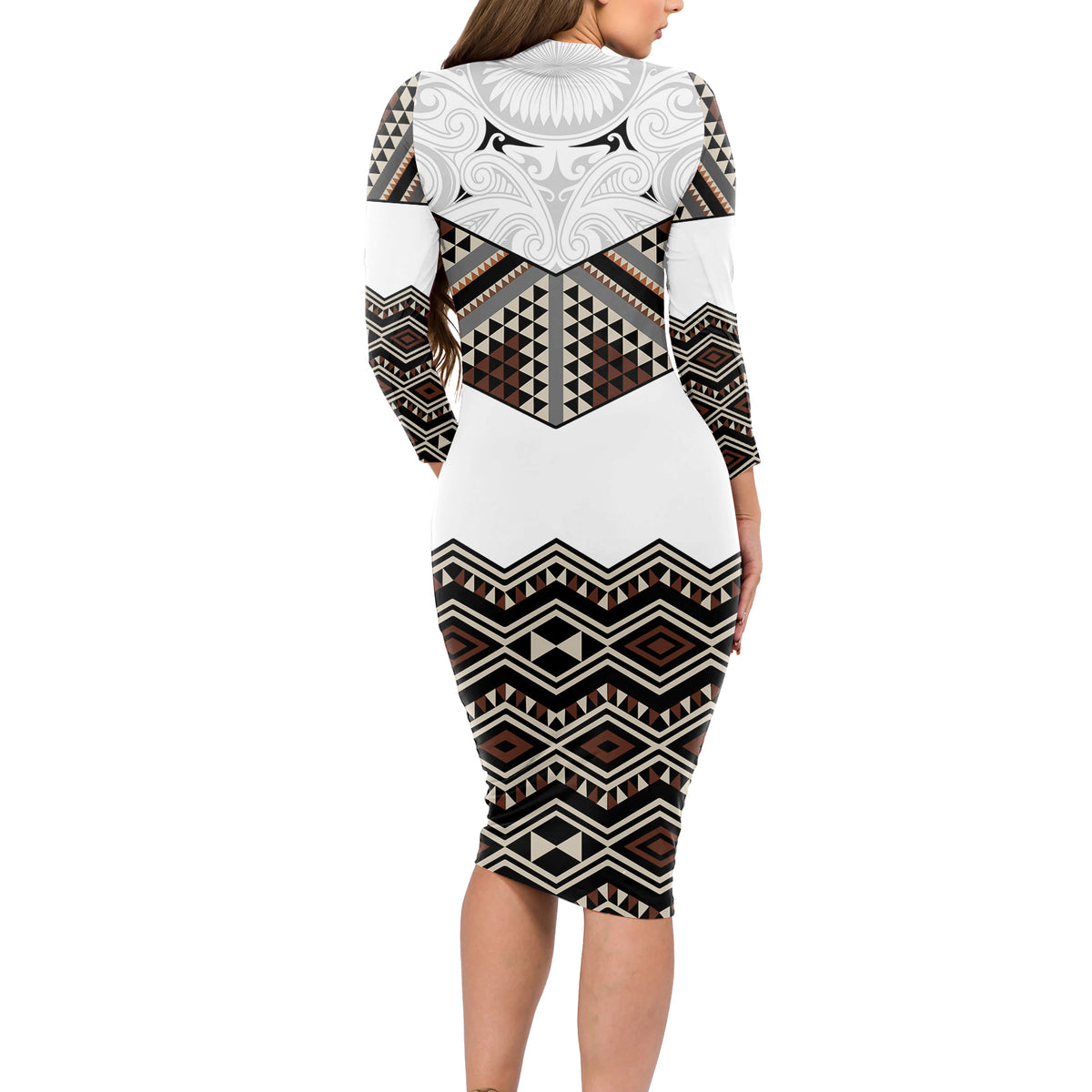 New Zealand Aotearoa Long Sleeve Bodycon Dress Taniko Art Simple Style LT05 - Polynesian Pride