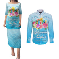 Universal Human Rights Month Couples Matching Puletasi Dress and Long Sleeve Button Shirt Polynesian Style LT05 Blue - Polynesian Pride