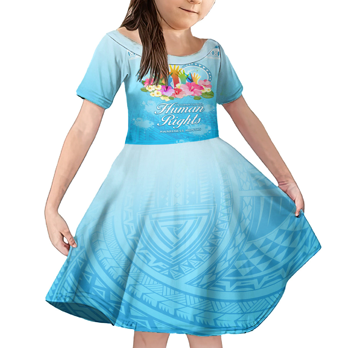 Universal Human Rights Month Family Matching Off Shoulder Maxi Dress and Hawaiian Shirt Polynesian Style LT05 Daughter's Dress Blue - Polynesian Pride