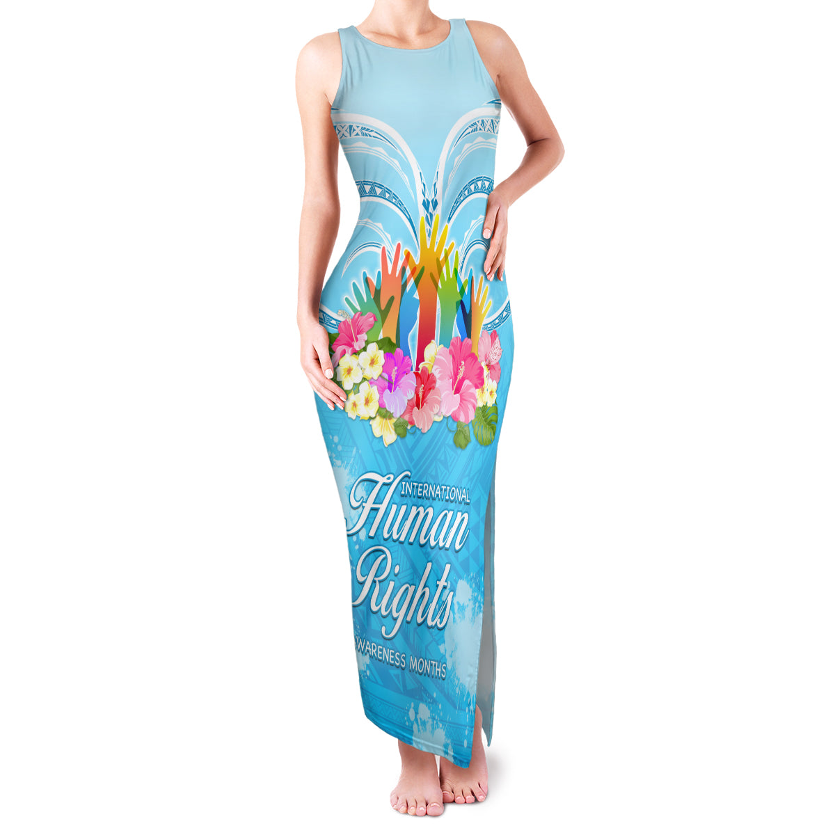 Universal Human Rights Month Family Matching Tank Maxi Dress and Hawaiian Shirt Polynesian Style LT05 Mom's Dress Blue - Polynesian Pride