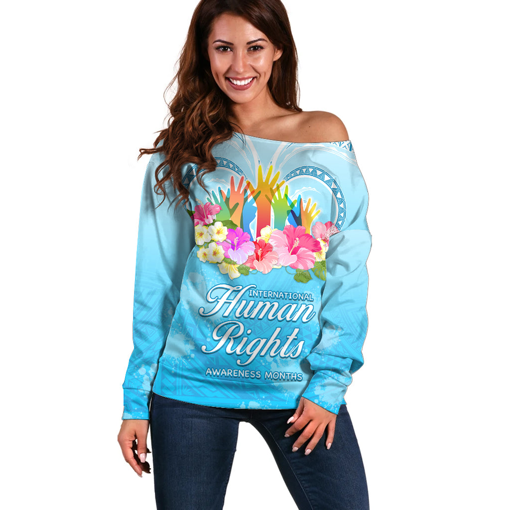 Universal Human Rights Month Off Shoulder Sweater Polynesian Style LT05 Women Blue - Polynesian Pride
