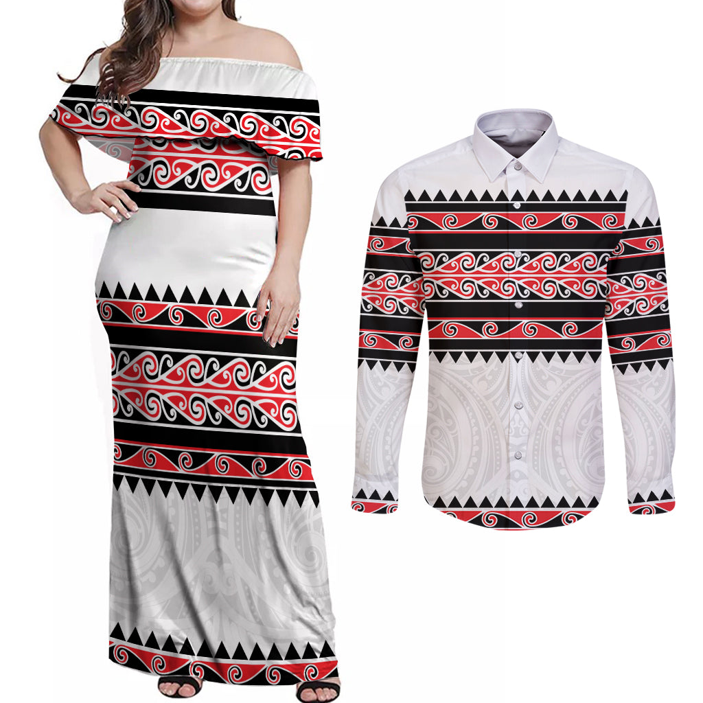 New Zealand Aotearoa Couples Matching Off Shoulder Maxi Dress and Long Sleeve Button Shirt With Kowhaiwhai Pattern Red Version LT05 Red - Polynesian Pride