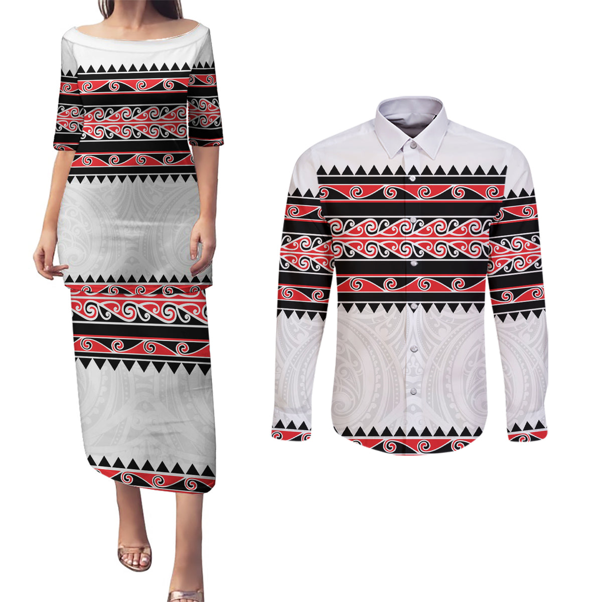 New Zealand Aotearoa Couples Matching Puletasi Dress and Long Sleeve Button Shirt With Kowhaiwhai Pattern Red Version LT05 Red - Polynesian Pride