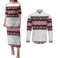 New Zealand Aotearoa Couples Matching Puletasi Dress and Long Sleeve Button Shirt With Kowhaiwhai Pattern Red Version LT05 Red - Polynesian Pride