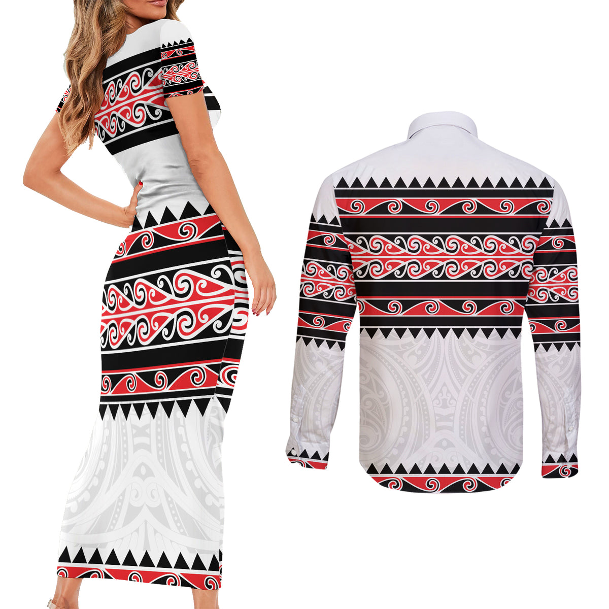 New Zealand Aotearoa Couples Matching Short Sleeve Bodycon Dress and Long Sleeve Button Shirt With Kowhaiwhai Pattern Red Version LT05 - Polynesian Pride