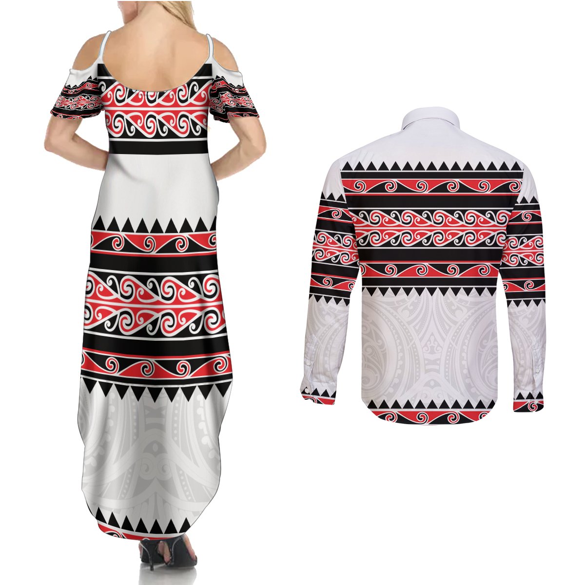 New Zealand Aotearoa Couples Matching Summer Maxi Dress and Long Sleeve Button Shirt With Kowhaiwhai Pattern Red Version LT05 - Polynesian Pride