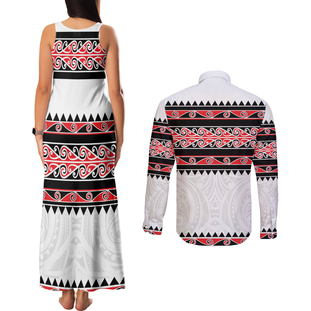 New Zealand Aotearoa Couples Matching Tank Maxi Dress and Long Sleeve Button Shirt With Kowhaiwhai Pattern Red Version LT05 - Polynesian Pride