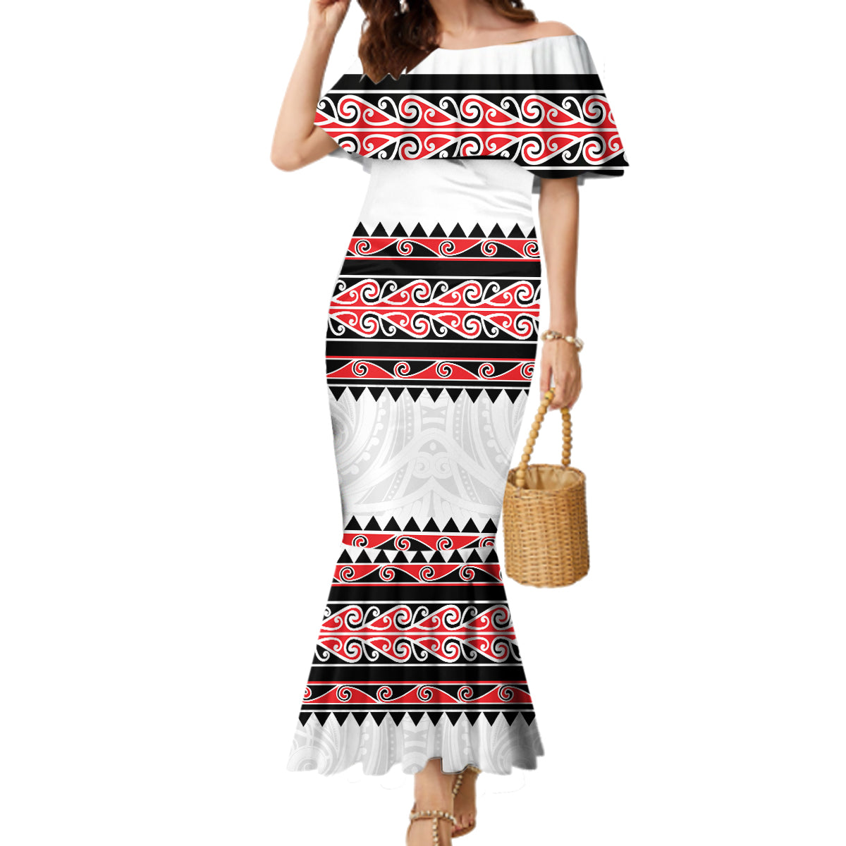 New Zealand Aotearoa Family Matching Mermaid Dress and Hawaiian Shirt With Kowhaiwhai Pattern Red Version LT05 Mom's Dress Red - Polynesian Pride