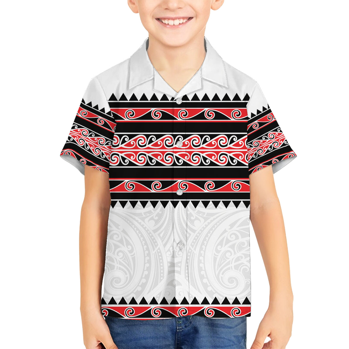 New Zealand Aotearoa Family Matching Off Shoulder Maxi Dress and Hawaiian Shirt With Kowhaiwhai Pattern Red Version LT05 Son's Shirt Red - Polynesian Pride