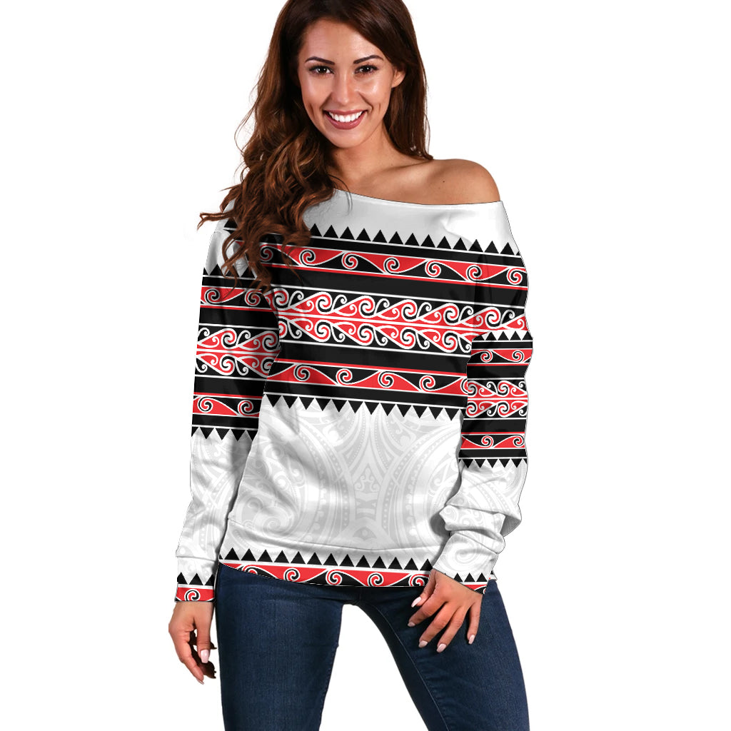 New Zealand Aotearoa Off Shoulder Sweater With Kowhaiwhai Pattern Red Version LT05 Women Red - Polynesian Pride